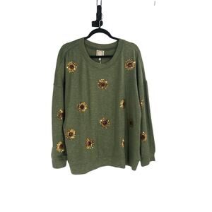 Truself Olive Green Sunflower Sequin Heather Sweatshirt Women’s Size 2X NEW